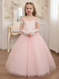 A young girl in a long, pale pink tulle dress with white lace embroidery on the bodice and long sleeves.
