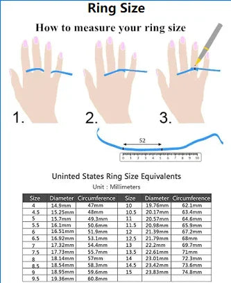 Ring size measurement chart with illustrations of hands and a reference table for US sizes