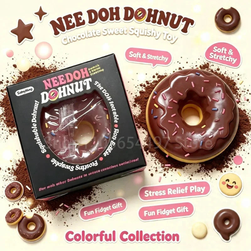 Chocolate brown doughnut shaped sensory fidget toy next to its individual black display box.