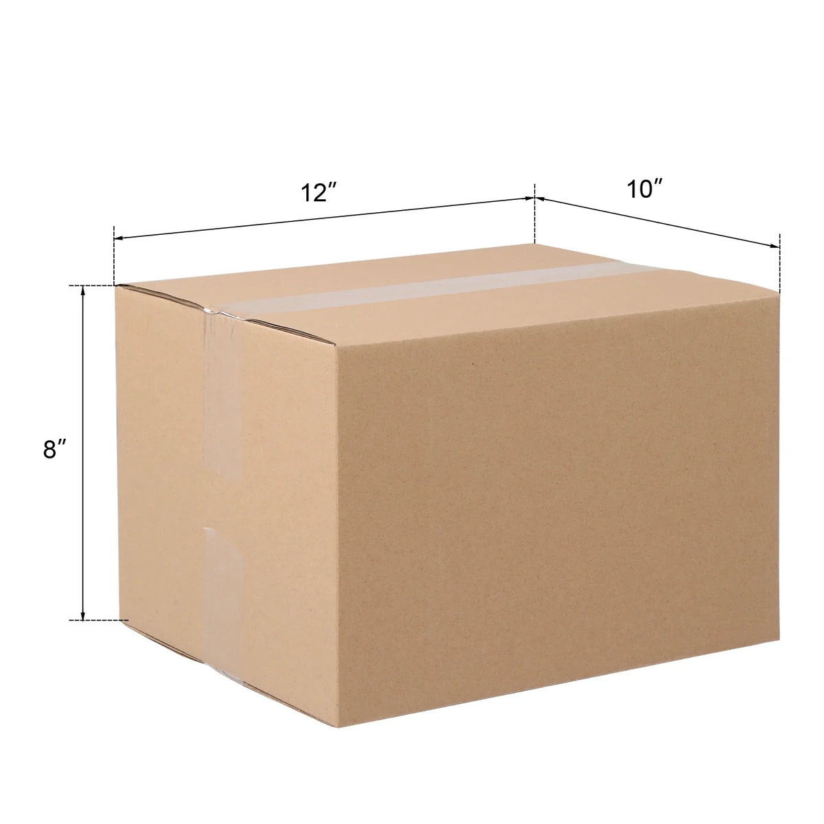 A closed brown cardboard box labeled with its dimensions of 12 by 10 by 8 inches