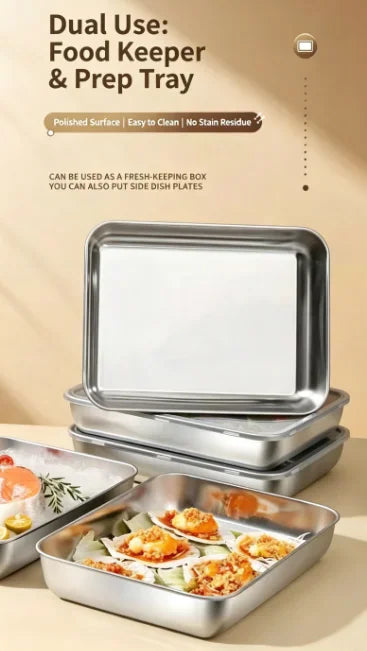 Stackable stainless steel meal prep containers used for food storage and serving