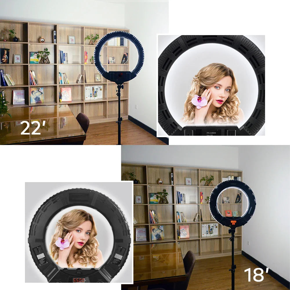 Comparison of different ring light sizes and a model using the lighting equipment