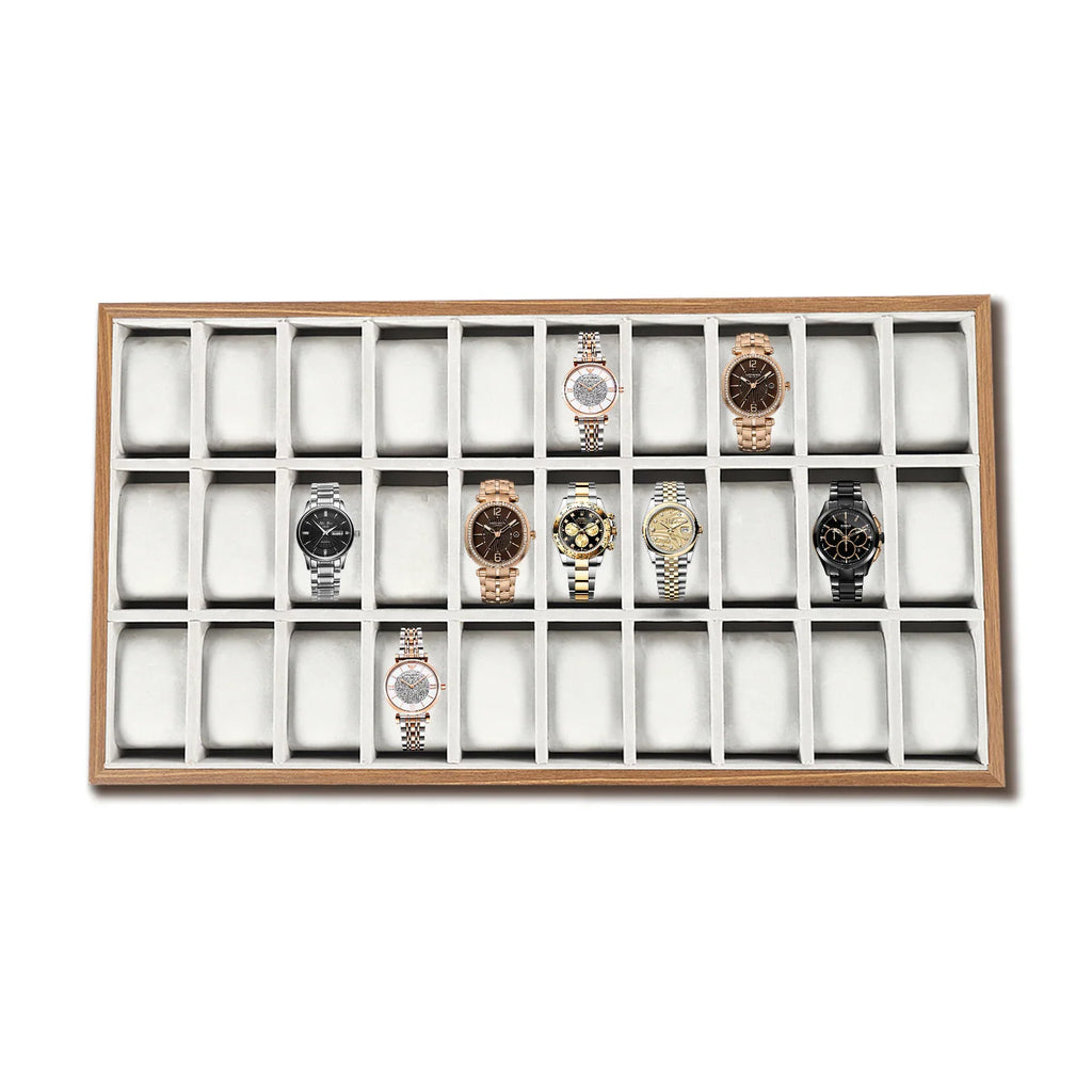 30-slot wooden watch display tray with various watches