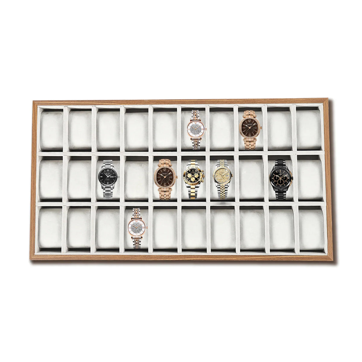 30-slot wooden watch display tray with various watches