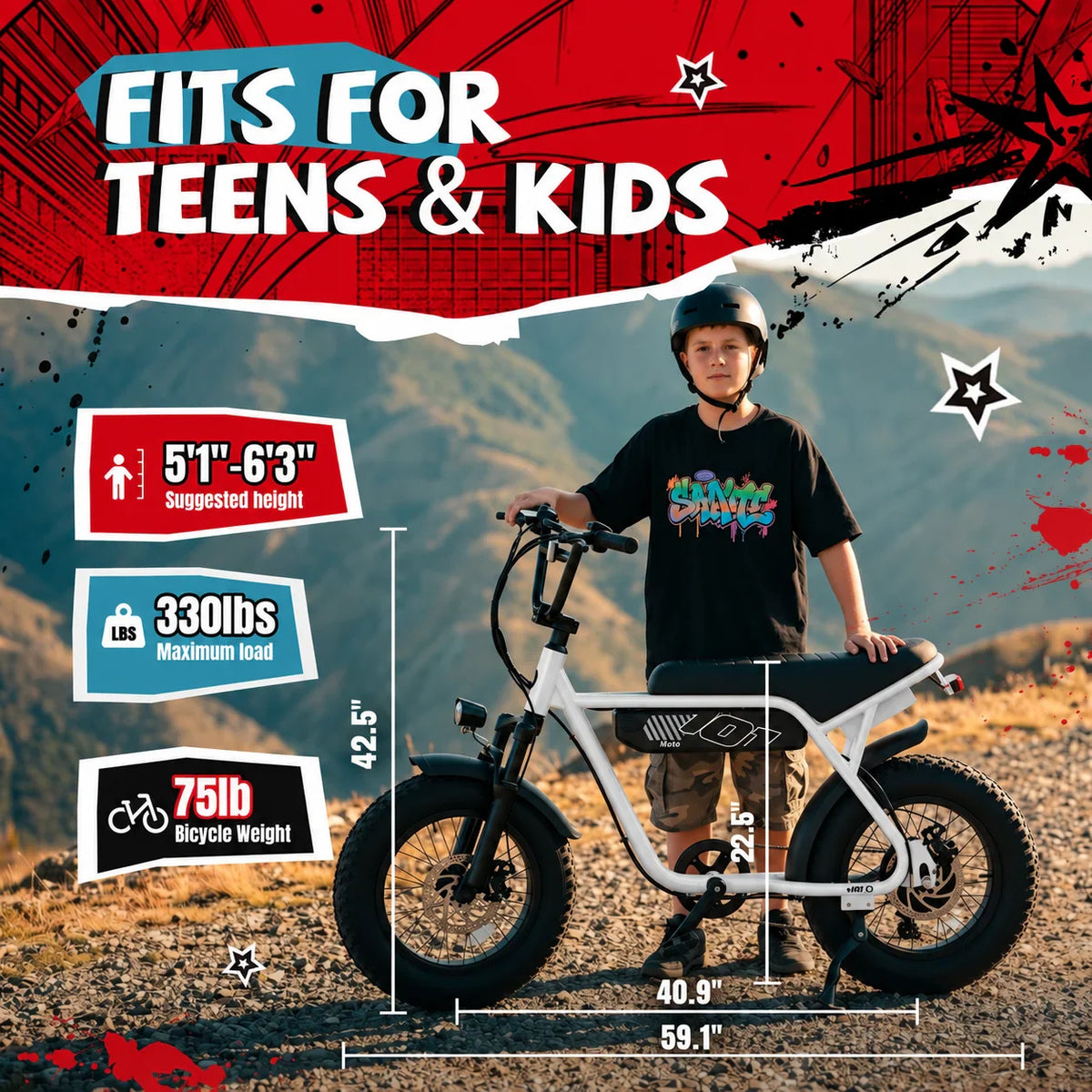 A person riding a white electric dirt bike in a mountainous landscape with dimensional labels.