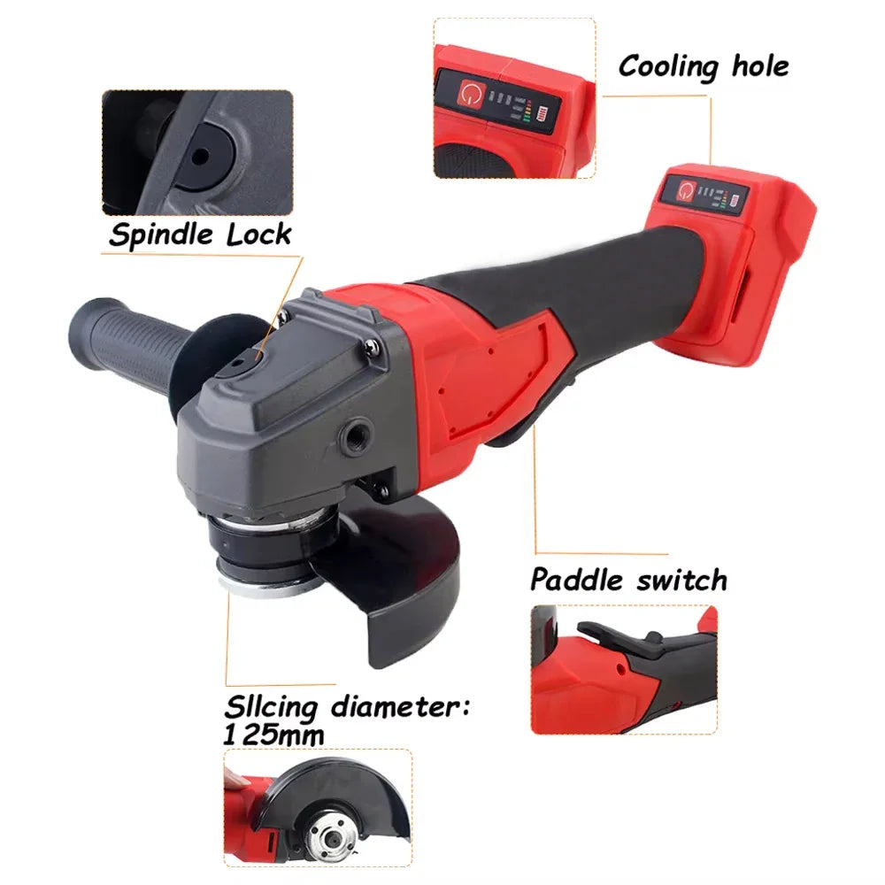 Close-up features of a red cordless angle grinder including spindle lock, switch and cooling hole