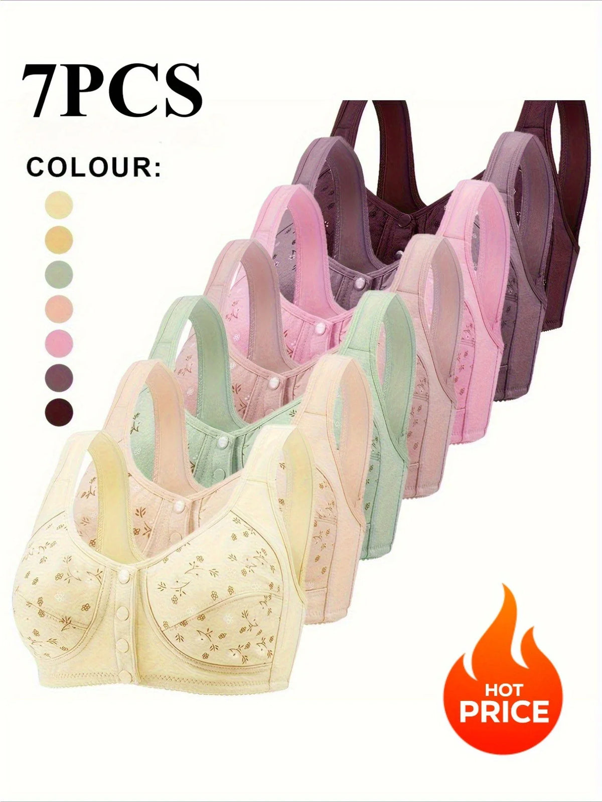 A set of seven seamless floral print bras in various pastel and neutral colours
