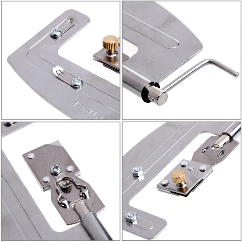 Collage of different angles of a stainless steel manual fishing hook line tier tool