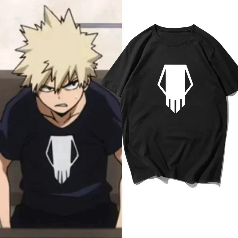 Black crewneck t-shirt with a white abstract anime-style logo on the chest