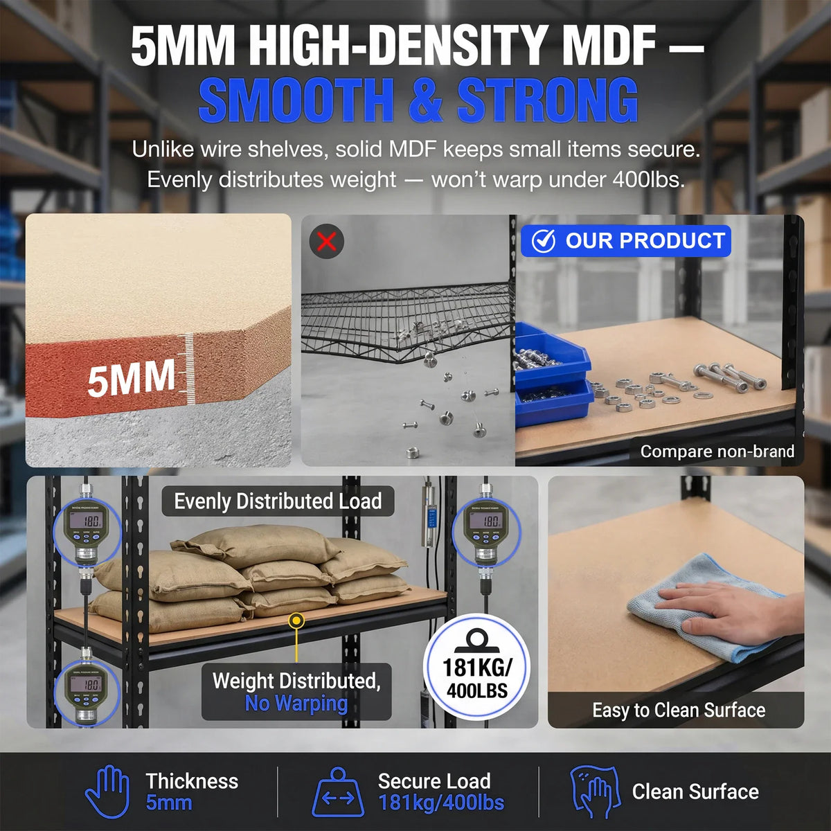 Detailed features of heavy-duty industrial shelving including MDF board thickness and weight capacity test