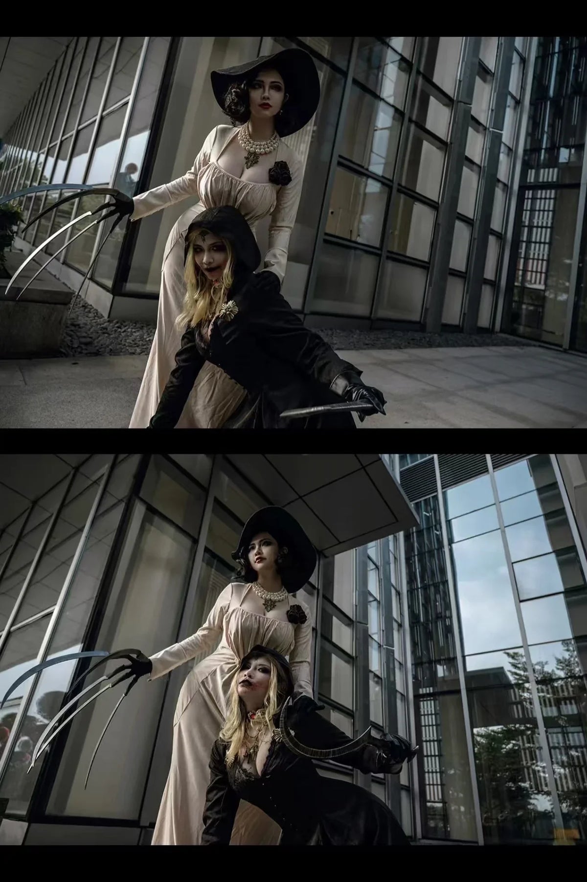 Two women in gothic vampire outfits in front of a modern glass building
