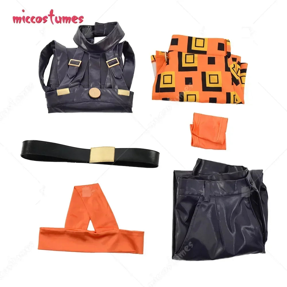 Full set of cosplay costume pieces including top, patterned skirt, pants, belt, and headband laid out flat