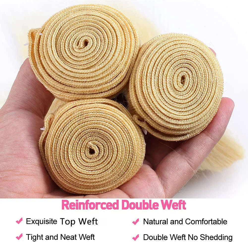 Three blonde hair bundles held in hand with reinforced weft text