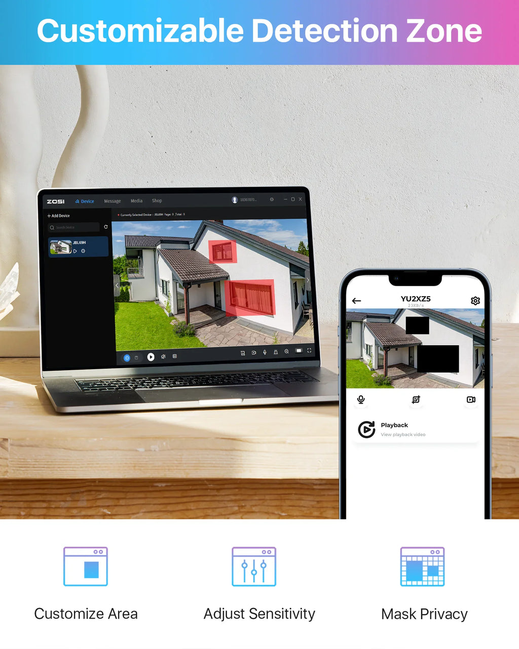 A laptop and a smartphone displaying a security camera interface for customizable detection zones