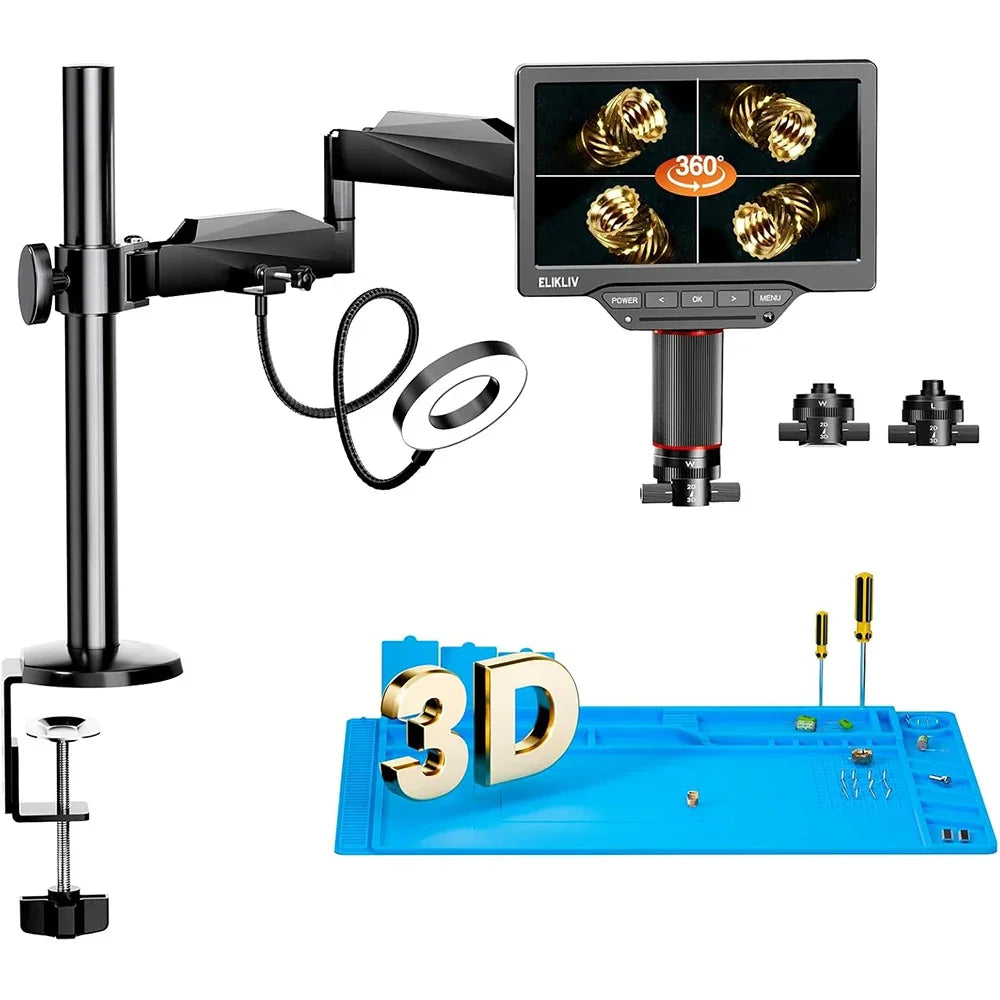 3D digital microscope with dual lenses, flex arm, led ring light, screen, and blue silicone soldering mat.