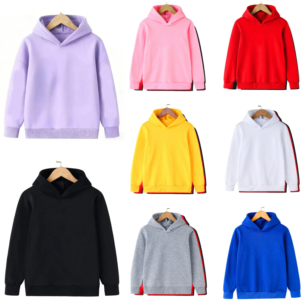 A collection of solid color kids' hoodies in various shades including purple, pink, red, yellow, white, black, grey, and