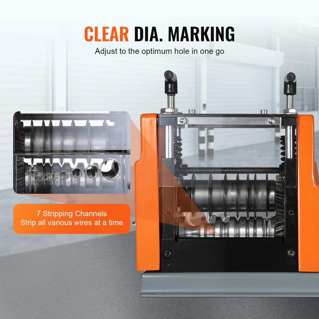 Electric wire stripping machine focusing on its seven distinct wire diameter stripping channels.