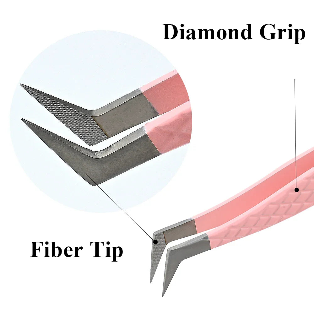 Detailed view of the diamond grip pattern and fiber tip texture on pink eyelash extension tweezers