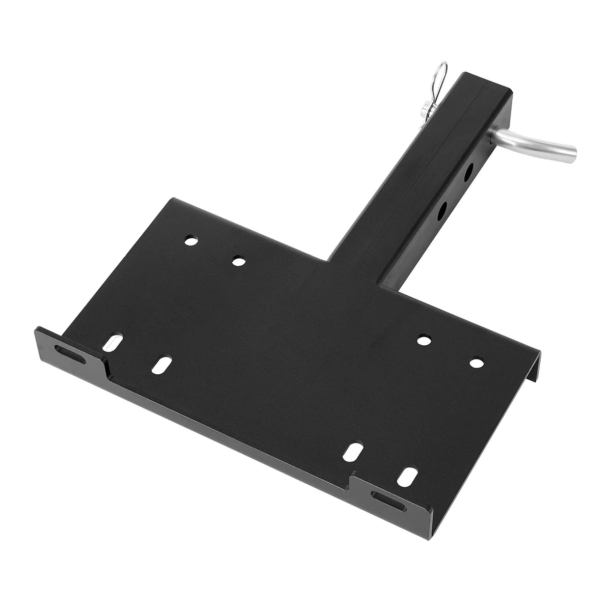 Black steel trailer hitch winch mount for 2-inch receiver on a white background