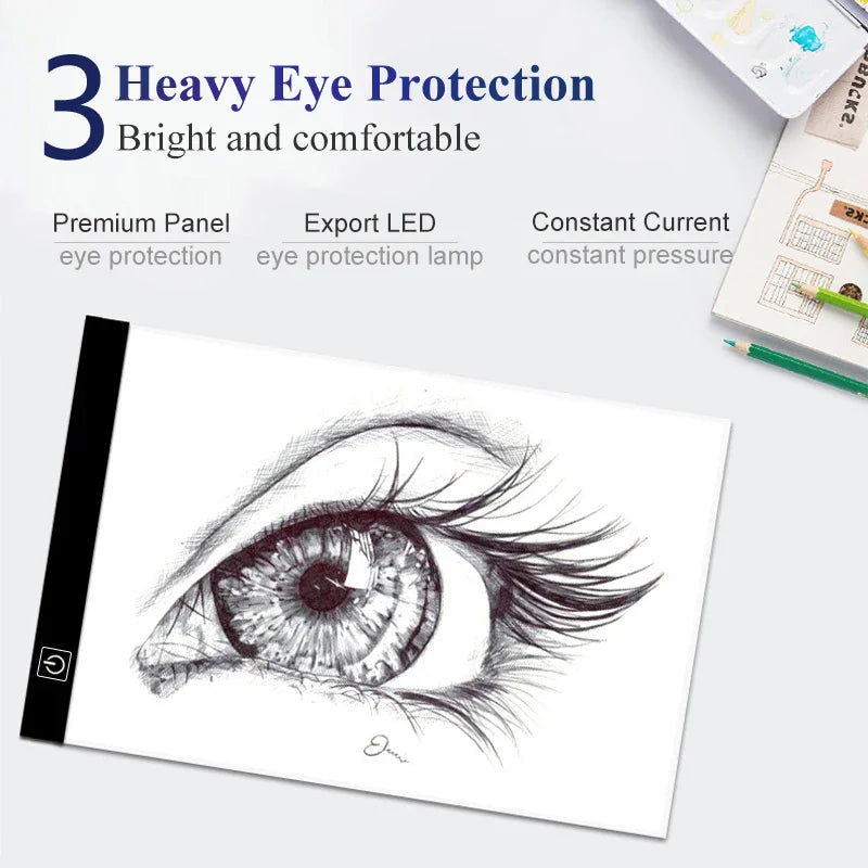 An LED light box showcasing an intricate eye drawing, highlighting its eye-protection features.