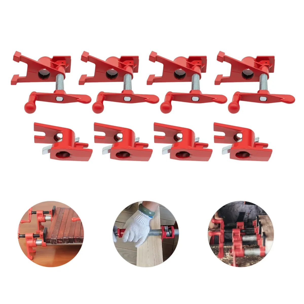 Set of eight red cast iron wood gluing pipe clamps, including close-up action scenes.