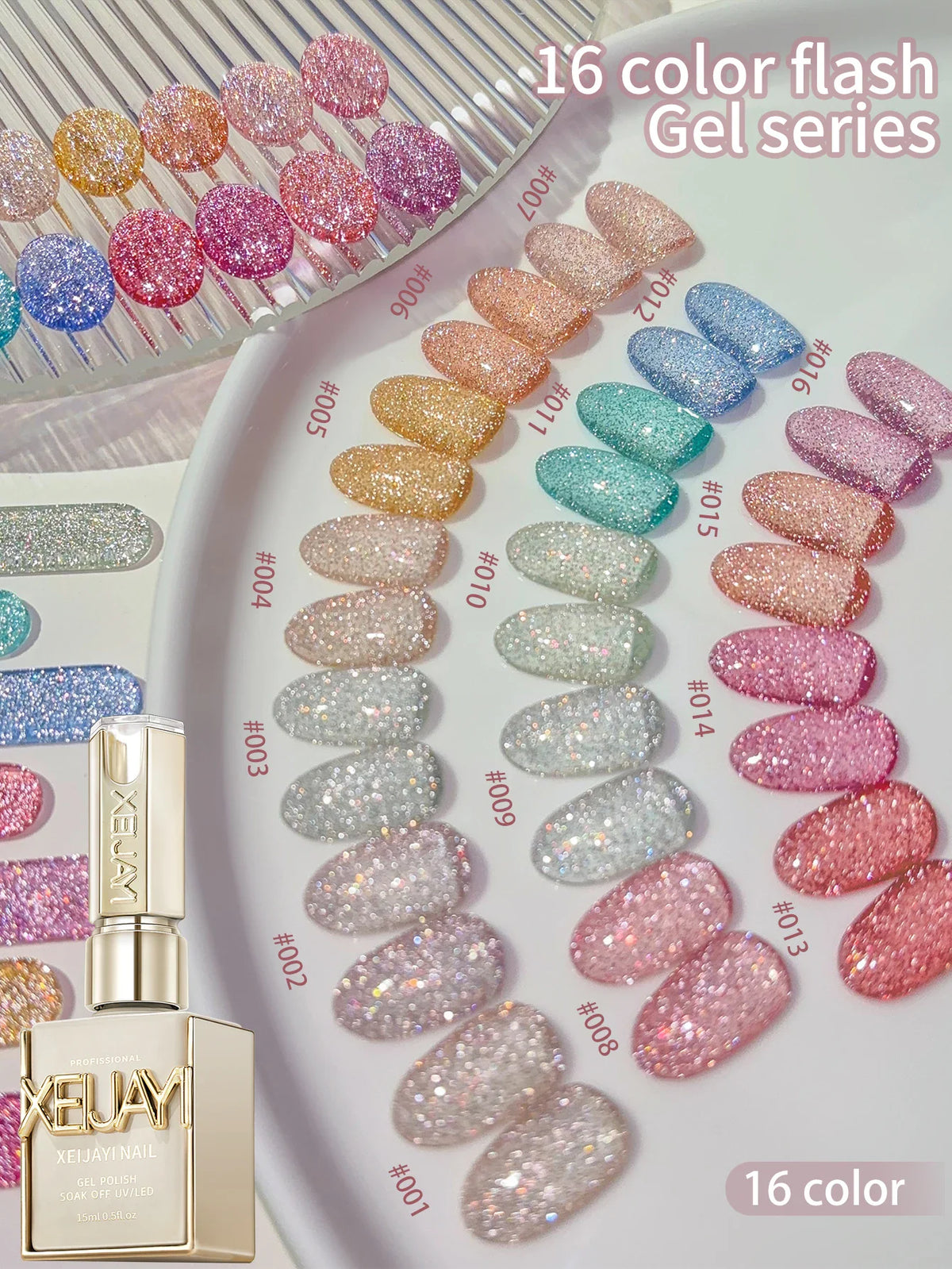 A collection of 16 different colors of glittery gel nail polish samples on a display.