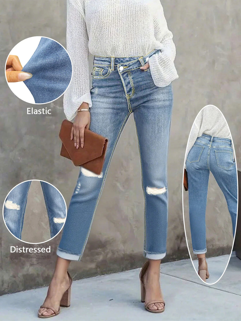 High-waisted light blue distressed skinny jeans with close-up of elastic material