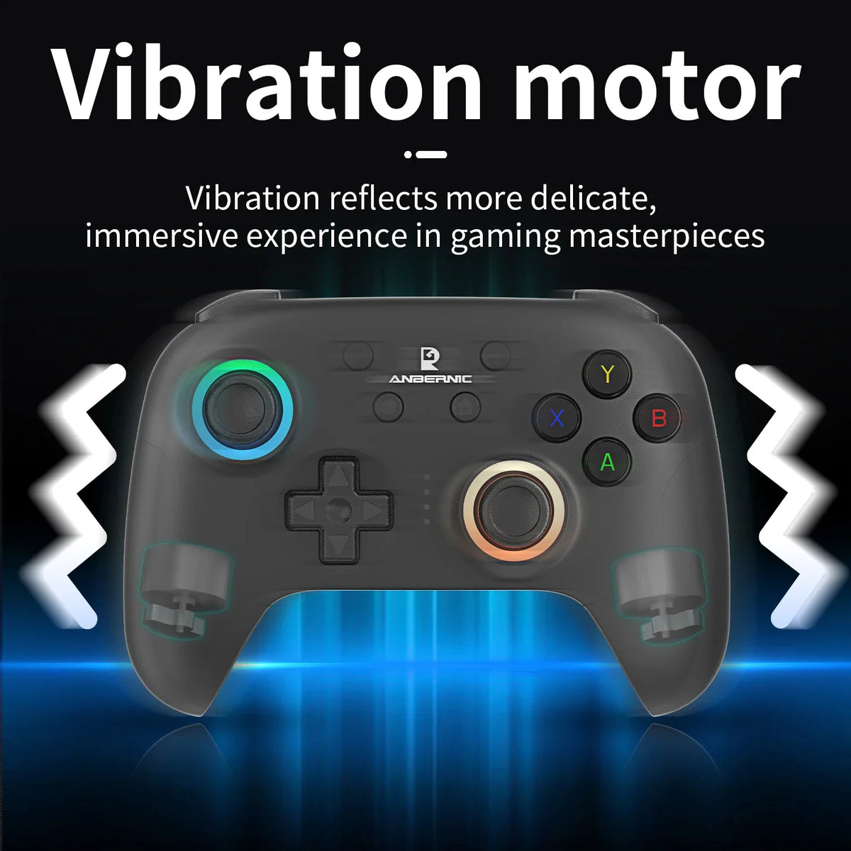 Black wireless gaming controller showing internal vibration motor feedback feature