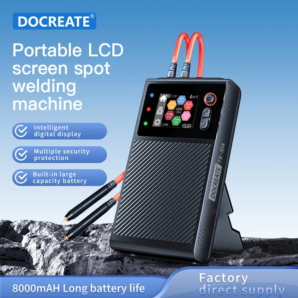 A portable LCD screen spot welding machine with welding pens and battery indicator.