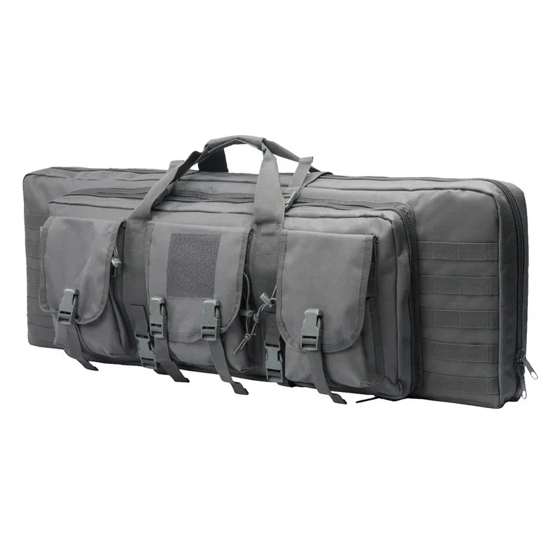Grey tactical rifle carrying bag with multiple storage pockets, molle webbing, and carry handles