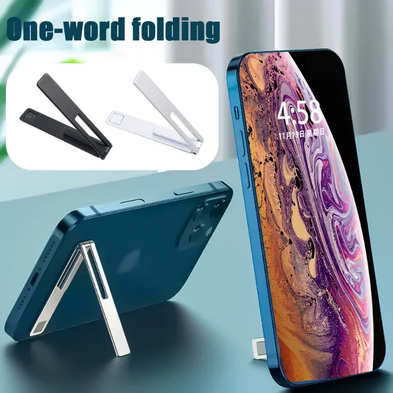 Collage showing a foldable phone stand in black and silver with a smartphone mounted on it.