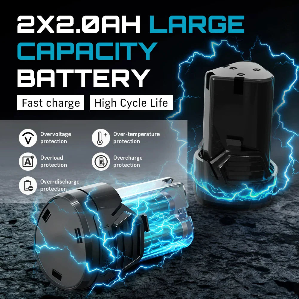 Two rechargeable power tool batteries showing safety features like over-temperature and overcharge protection.