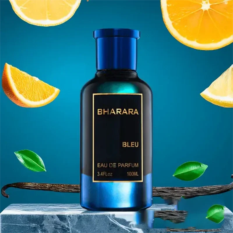 Blue perfume bottle on marble pedestal with orange and lemon slices