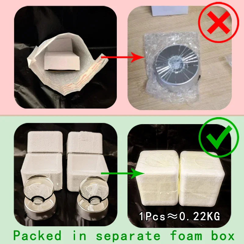 Instructional collage showing product packaging methods with foam boxes for protective shipping