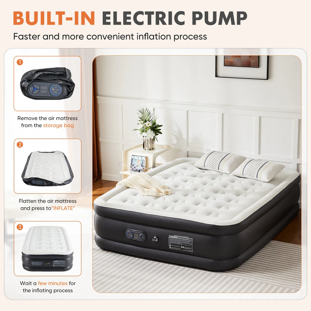 Inflatable air mattress with built-in electric pump features and step-by-step inflation instructions.