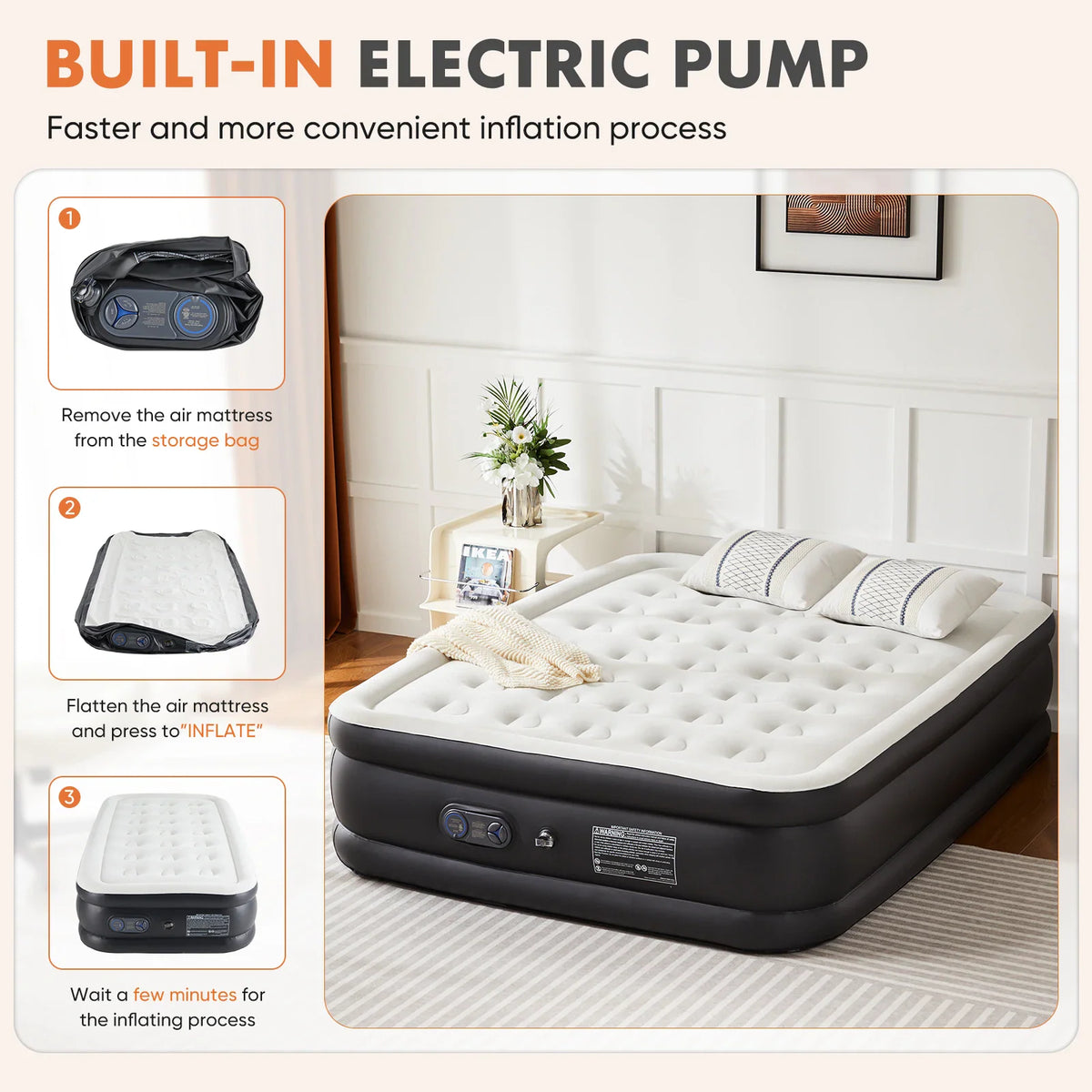 Inflatable air mattress with built-in electric pump features and step-by-step inflation instructions.