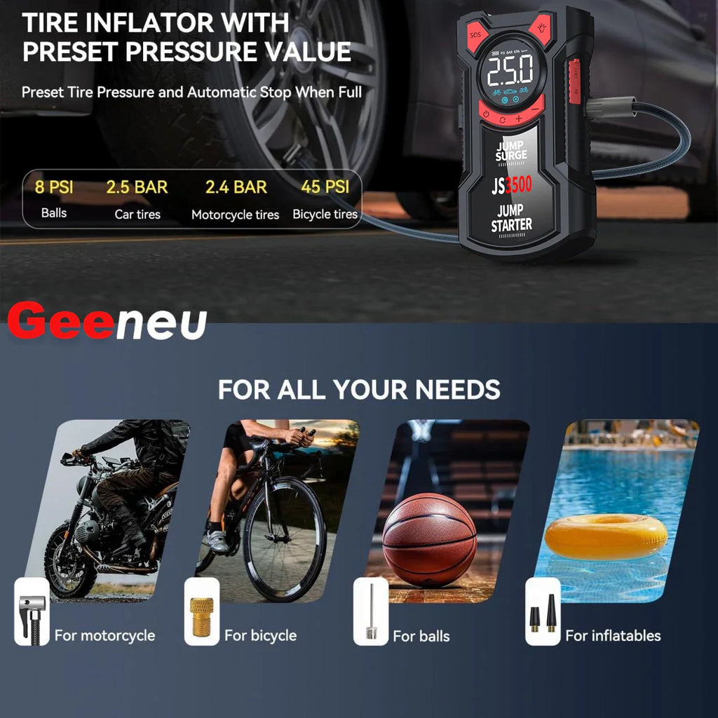 Portable tire inflator with preset pressure settings and various inflation nozzles