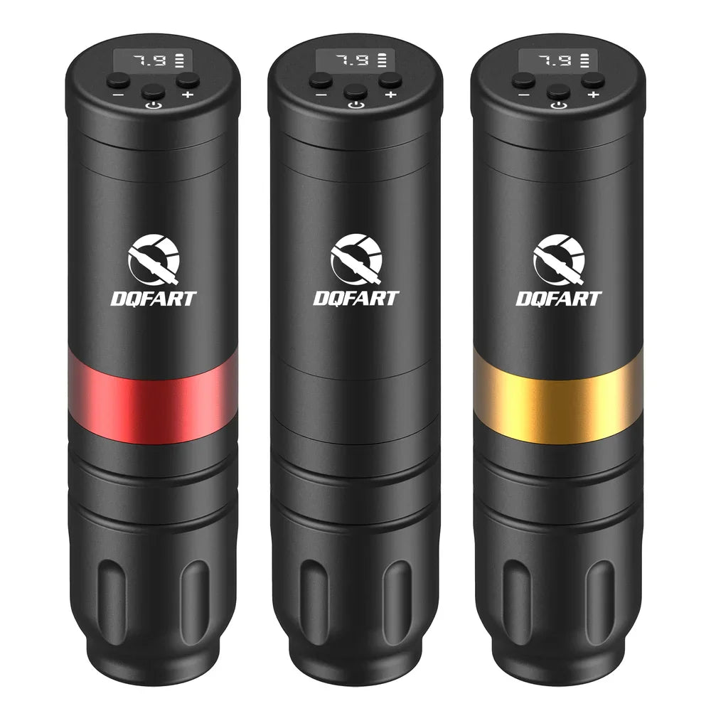 Three wireless tattoo machines in black, black with red stripe, and black with gold stripe.
