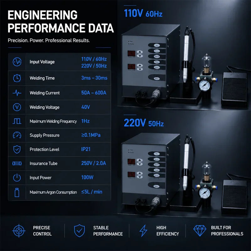 Technical engineering performance data and specifications table for an argon arc spot welding machine