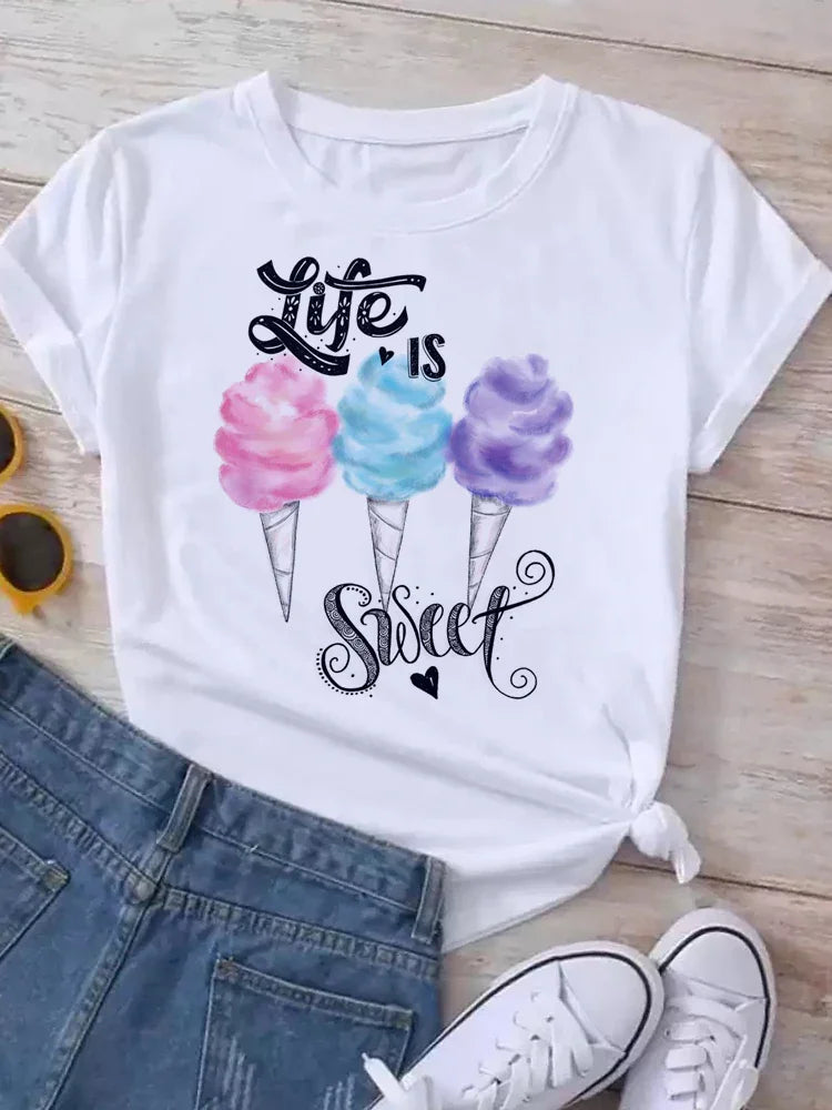 White short-sleeve t-shirt with a Life is Sweet graphic print featuring three cotton candy cones