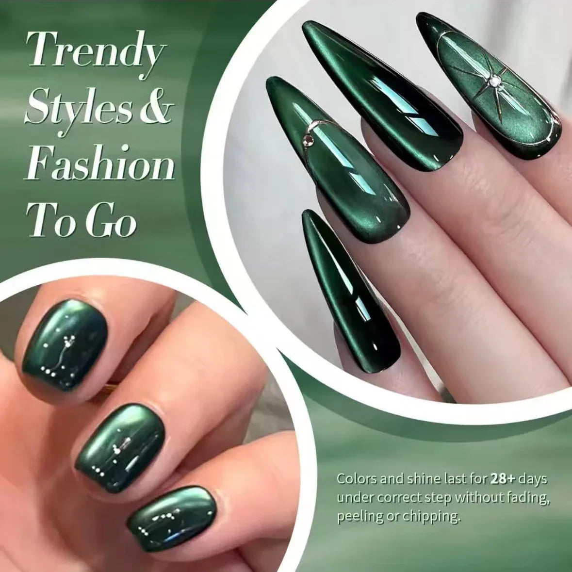 Green cat eye magnetic gel nail polish showing finished manicured nails