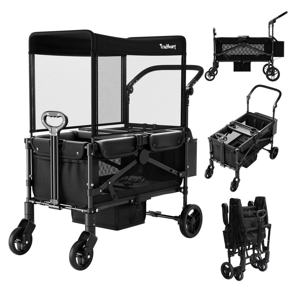Black foldable stroller wagon for kids with canopy and storage basket, shown from different angles