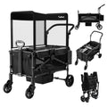 Black foldable stroller wagon for kids with canopy and storage basket, shown from different angles