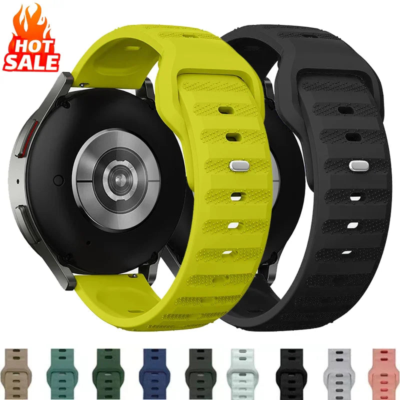 Two silicone watch straps in yellow and black with a variety of color swatches displayed below