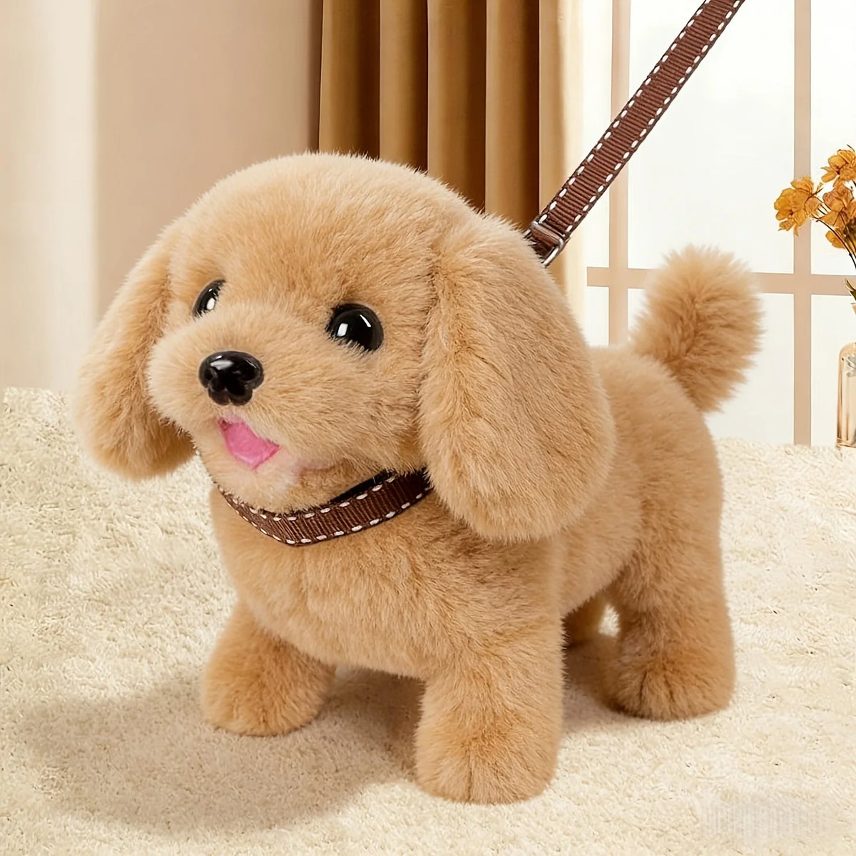 A realistic plush golden retriever toy dog on a leash
