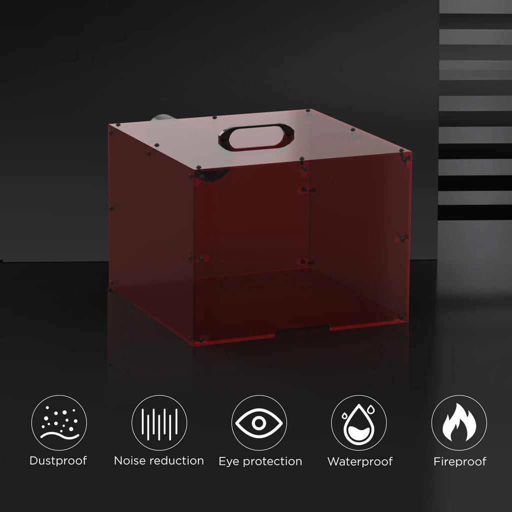 Red laser protective cover with performance icons for dustproof and fireproof features