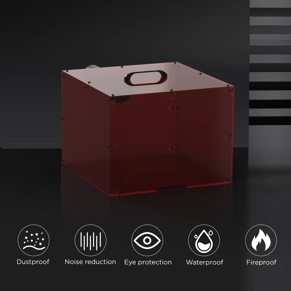 Red laser protective cover with performance icons for dustproof and fireproof features