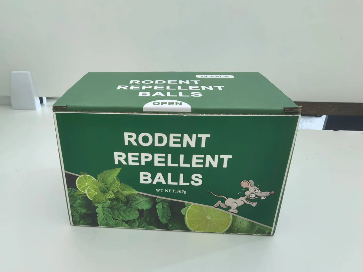 Cardboard box containing 24 rodent repellent balls