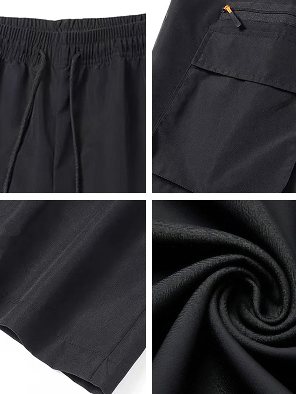 Close-up details of black cargo pants showing the waistband, zipper pocket, straight leg, and fabric texture.