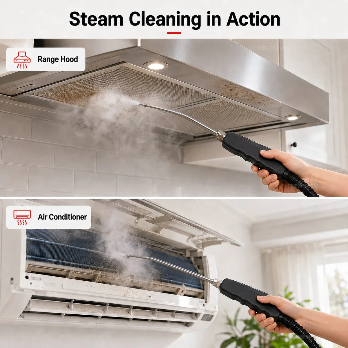 Steam cleaner wand being used to sanitize a kitchen range hood and an air conditioning unit